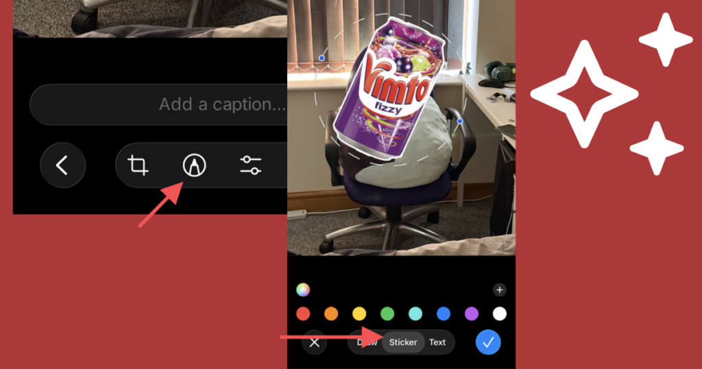 Screenshot showing where to find the media editing controls in Telegram when sending a photo and how to add a sticker to hide an non-consenting individual.